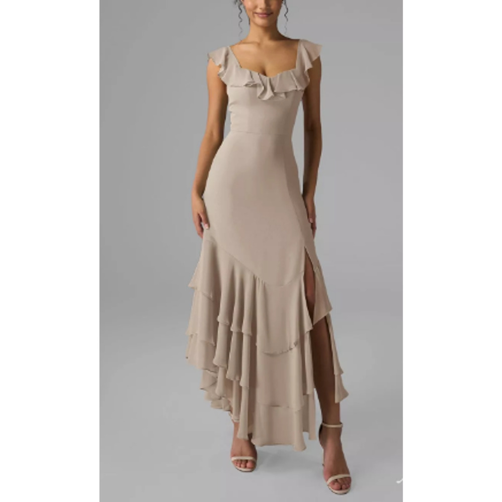 AW BRIDAL 2 XS taupe Anaya formal bridesmaid wedding guest midi dress NEW B64